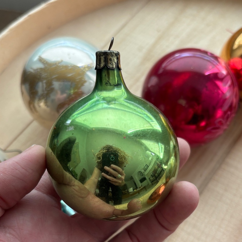 Vintage Holiday Glass Ball Ornament Set - Gold, Pink, Green, Silver Metal Caps - Picture 4 of 12